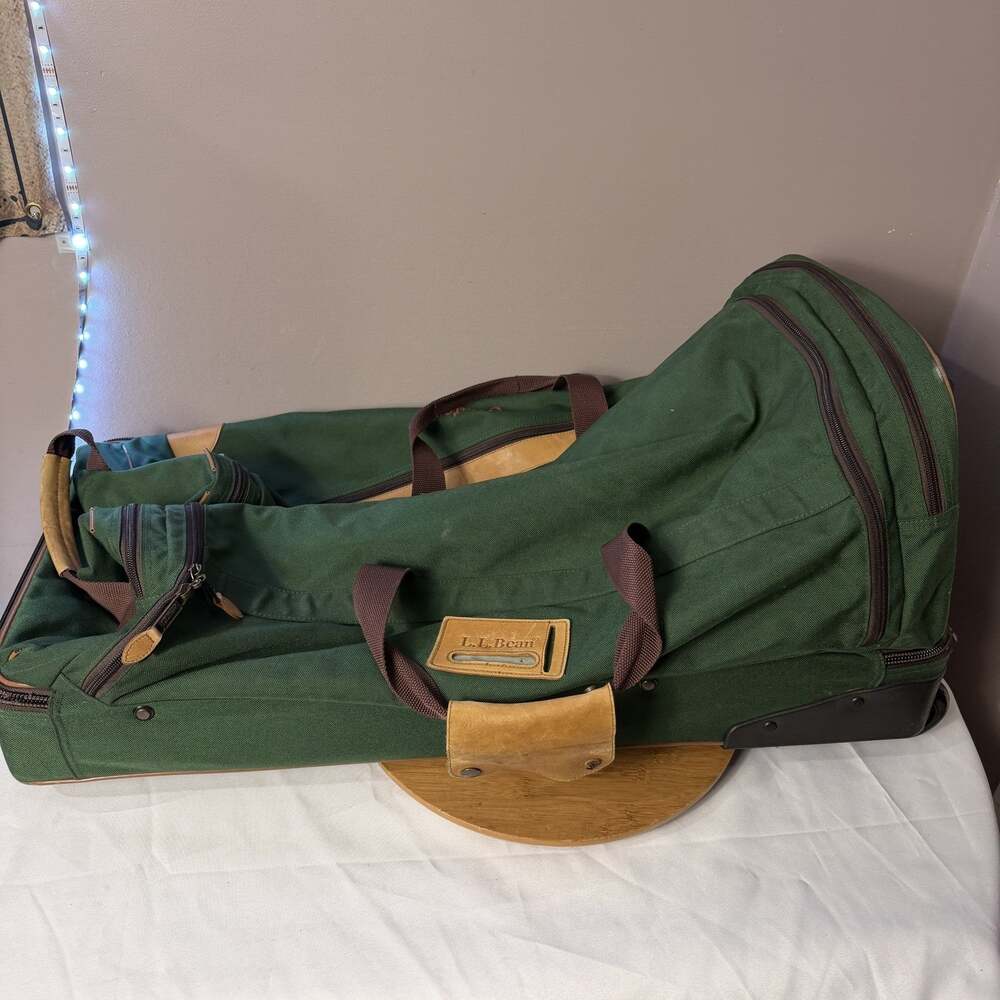 Vintage LL BEAN Green Canvas Rolling Wheels Luggage XL duffel bag 31”tall